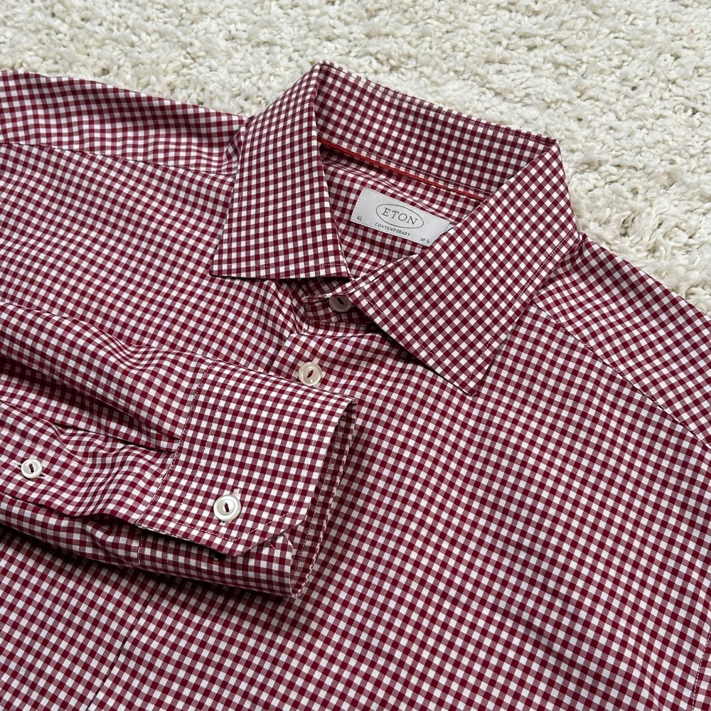Eton Button Down Shirt 16.5 42 Large Red Gingham Contemporary Fit York Cotton
